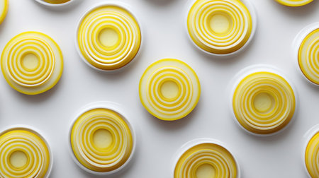 A visually striking arrangement of yellow circular patterns placed on white plates creates an elegant and modern food presentation. Perfect for culinary inspirations.の素材
