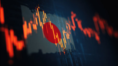 This visually striking image features a financial chart overlaid with the Japanese flag, symbolizing market trends and economic performance.の素材