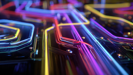 Explore a mesmerizing abstract design featuring vibrant circuit board patterns illuminated by colorful neon lights on a dark background. This high-tech visual captures the essence of modern innovation and energy.の素材