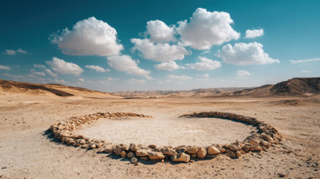 A captivating view of an ancient stone formation in a vast desert, featuring dramatic clouds and a serene, empty landscape. Ideal for nature themes.の素材