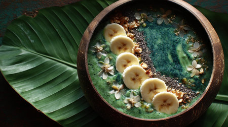 A vibrant green smoothie bowl featuring sliced banana, chia seeds, and delicate edible flowers, beautifully arranged on a tropical leaf backdrop.の素材