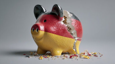A creatively designed piggy bank displaying the German flag colors, shattered and spilling out currency coins, symbolizes financial struggle.の素材