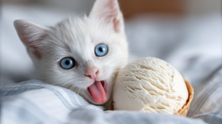 A charming white kitten with striking blue eyes playfully interacts with an ice cream cone, creating a scene filled with joy and sweetness.の素材