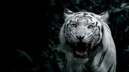 This striking close-up image captures a fierce white tiger growling in a dark forest, showcasing its piercing orange eyes and powerful demeanor.の素材