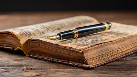 A beautifully weathered antique book lies open on a rustic wooden table, accompanied by an elegant fountain pen, showcasing timeless craftsmanship.の素材