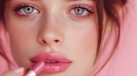 A stunning close-up portrait of a young woman applying pink lipstick against a soft pink background, showcasing beauty and glamour.の素材
