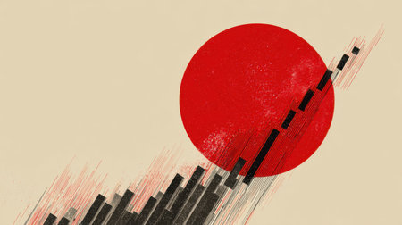 This abstract graphic features a striking red circle paired with black building silhouettes, creating a dynamic composition against a beige backdrop.の素材