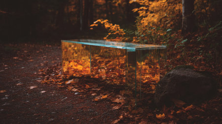 A clear bench stands amidst a carpet of colorful autumn leaves, creating a calm and inviting atmosphere in the forest. Ideal for nature lovers.の素材