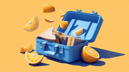 A vibrant lunchbox filled with sandwiches and fresh oranges, set against a bright yellow background, showcasing a playful and healthy meal concept.の素材