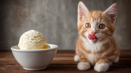 An adorable orange kitten licks its lips while sitting next to a bowl of delicious vanilla ice cream, showcasing playful innocence and joy.の素材