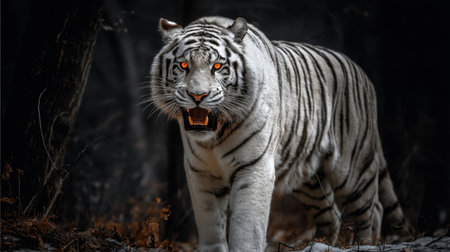 A breathtaking image of a white tiger roaring in a dark forest, displaying its magnificent features and intense eyes, capturing the raw beauty of wildlife.の素材