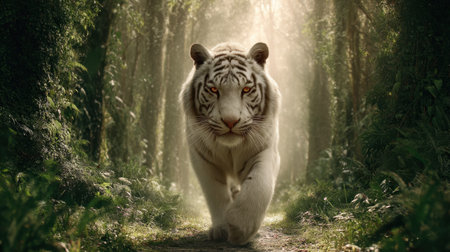 Stunning image of a white tiger walking through a mystical forest filled with lush greenery and enchanting light, embodying beauty and power.の素材