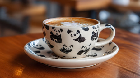 This charming coffee cup features a playful panda design, elegantly holding frothy latte art on a wooden table, perfect for a cozy cafe atmosphere.の素材