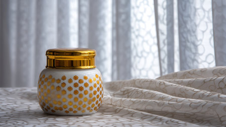 This image features an elegant decorative jar with a gold lid positioned on soft fabric drapery, creating a cozy ambiance. Perfect for home decor inspiration.の素材