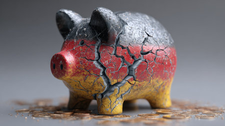 A cracked piggy bank painted in the colors of Germany, surrounded by loose coins. This image symbolizes financial challenges faced by individuals and economies.の素材