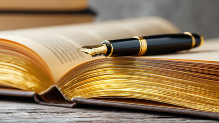 A close-up view of an open book with golden-edged pages and an elegant fountain pen placed atop, symbolizing the beauty of writing and literature.の素材