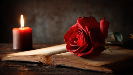 An exquisite red rose gracefully rests on an open book beside a flickering candle, evoking a sense of romance and tranquility in a softly lit ambiance.の素材