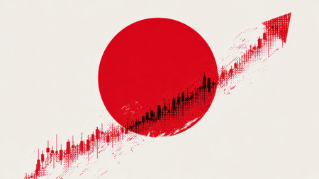 This artistic representation features a bold red circle and an upward arrow, symbolizing growth in the financial market and success in business.の素材