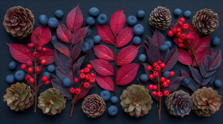 This artistic flat lay features a vibrant arrangement of red leaves, blue berries, and pine cones on a dark background. Ideal for seasonal decor and nature-themed projects.の素材