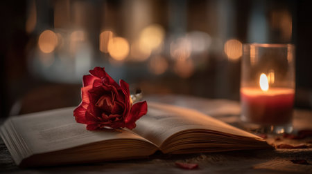 A captivating scene featuring an open book adorned with a vibrant red flower beside a glowing candle, evoking feelings of romance and tranquility.の素材