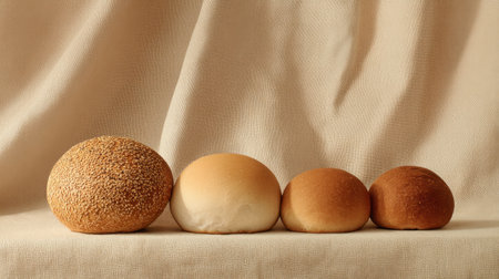 A collection of assorted bread rolls arranged on a soft neutral fabric backdrop. The image highlights variations in size, shape, and texture, perfect for food-related projects or bakery marketing.の素材