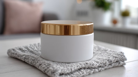 A sophisticated white cosmetic jar with an ornate gold lid rests on a delicate gray knit cloth, bringing a touch of elegance to any modern living space.の素材