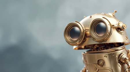 This striking vintage-style robot features a shiny gold finish and large glasses, giving it a charming and whimsical appearance. Perfect for tech and art themes.の素材