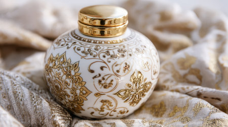 Discover an elegant decorative jar featuring intricate gold patterns, beautifully set on a luxurious fabric background, ideal for home decor.の素材