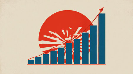 This artistic representation features a growth chart with a rising arrow set against a vibrant sun background, symbolizing success and progress in business ventures.の素材