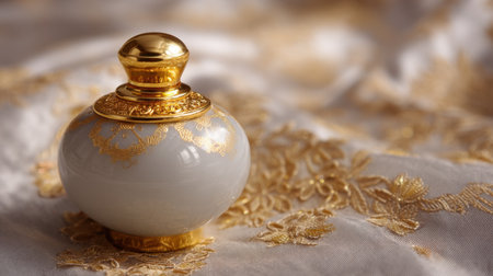 This sophisticated porcelain jar features exquisite golden accents, beautifully placed against a luxurious fabric backdrop. Perfect for enhancing decor.の素材
