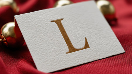 An elegant display featuring a card with the letter L, set against rich red fabric and accented by glossy ornaments, ideal for festive settings.の素材
