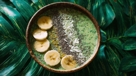 A vibrant smoothie bowl featuring a green mix topped with banana slices, chia seeds, and coconut flakes, set against lush tropical leaves.の素材