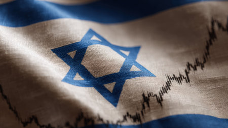 A detailed close-up of the Israeli flag featuring blue and white colors with a prominent star symbol, showcasing economic data trends through graphical elements.の素材