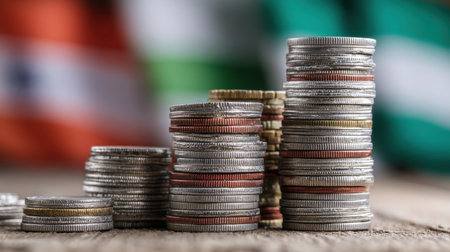A detailed view of stacked coins with a blurred background showcasing flags, symbolizing international currency, trade, and finance.の素材