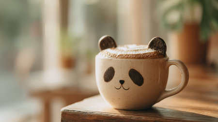 A charming coffee cup featuring a playful panda design sits on a wooden table, creating a cozy and inviting atmosphere perfect for a relaxing moment.の素材
