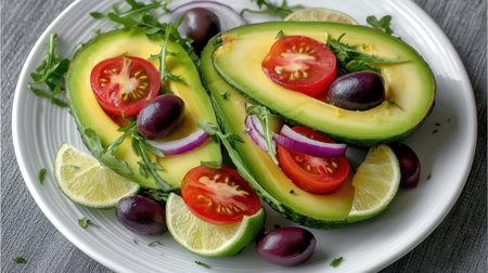 A delicious and appealing avocado salad featuring ripe cherry tomatoes, black olives, sliced onion, and zesty lime slices. Perfect for healthy meals.の素材