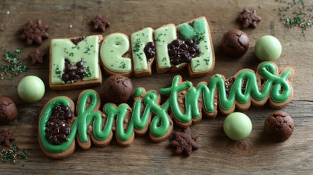 A delightful arrangement of cookies spelling out "Merry Christmas" with green icing and rich chocolate decorations, perfect for holiday festivities.の素材
