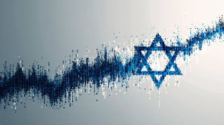 This abstract digital artwork showcases the Star of David symbol in a vibrant blue and white color scheme, blending cultural elements with modern design.の素材