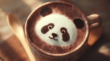 This charming latte art showcases a cute panda design crafted in creamy foam atop a warm drink. Perfect for coffee lovers.の素材