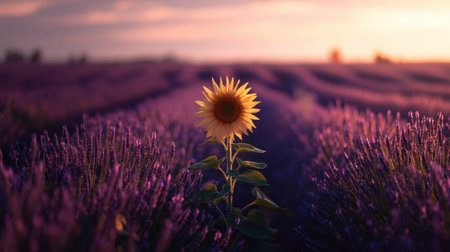 A beautifully vibrant sunflower stands tall in a purple lavender field during the golden hour, capturing the essence of tranquility and natural beauty.の素材