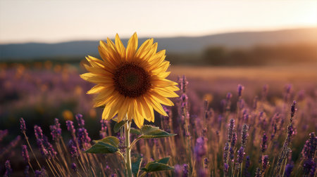 A stunning sunflower stands tall among vibrant lavender flowers in a picturesque sunset landscape, capturing the essence of nature's beauty.の素材