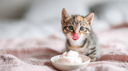 A charming kitten playfully licks ice cream from a bowl on a soft bed, showcasing its curious nature and zest for life in a cozy setting.の素材