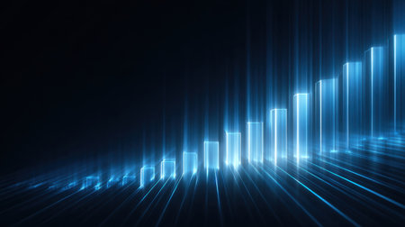 This image showcases a futuristic bar graph illuminated by glowing blue light rays against a dark background, symbolizing growth and progress in various sectors.の素材