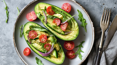 Delight in these healthy avocado boats filled with fresh ingredients like cherry tomatoes and arugula, perfect for a nutritious meal or snack.の素材