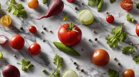 An artistic arrangement of fresh vegetables and herbs on a sleek marble background, perfect for culinary inspiration and healthy cooking.の素材
