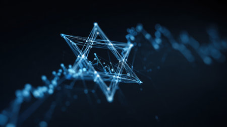 This abstract image showcases a star shape formed by glowing lines and particles against a dark background, representing digital innovation.の素材