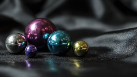 A captivating arrangement of shiny metallic spheres in various colors rests on a sleek black silk surface, showcasing reflections and artistic highlights, ideal for creative projects.の素材