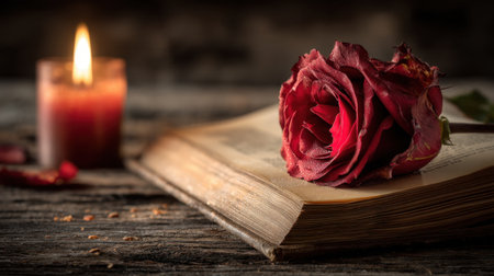 A serene and romantic still life scene featuring a red rose resting on an open book beside a flickering candle, evoking warmth and tranquility.の素材