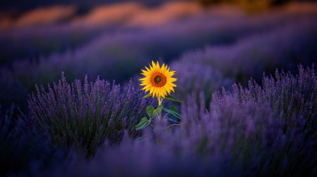 A striking sunflower emerges from a sea of purple lavender, set against a soft evening light, creating a peaceful and vibrant floral scene.の素材