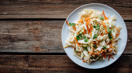 A colorful fresh vegetable salad featuring shredded cabbage, shredded carrots, and vibrant herbs, perfect for a healthy meal or side dish.の素材